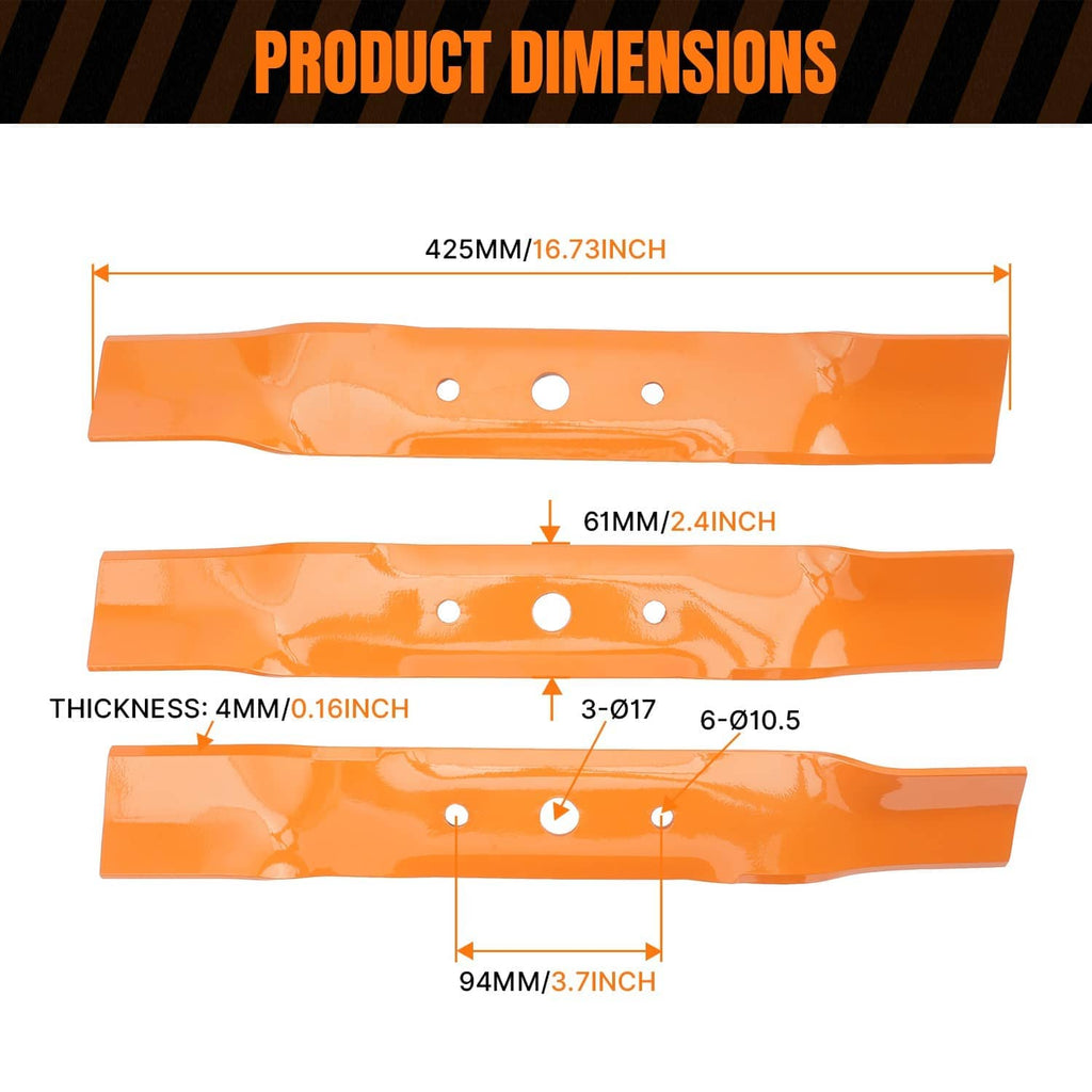 Orange mower blades with multiple round mounting holes; product dimensions diagram.