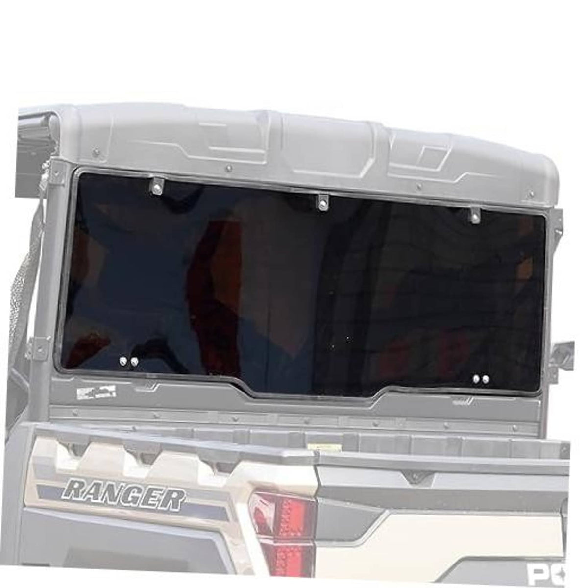 Rear full windshield with dark tinted glass and gray frame, mounted on UTV rear