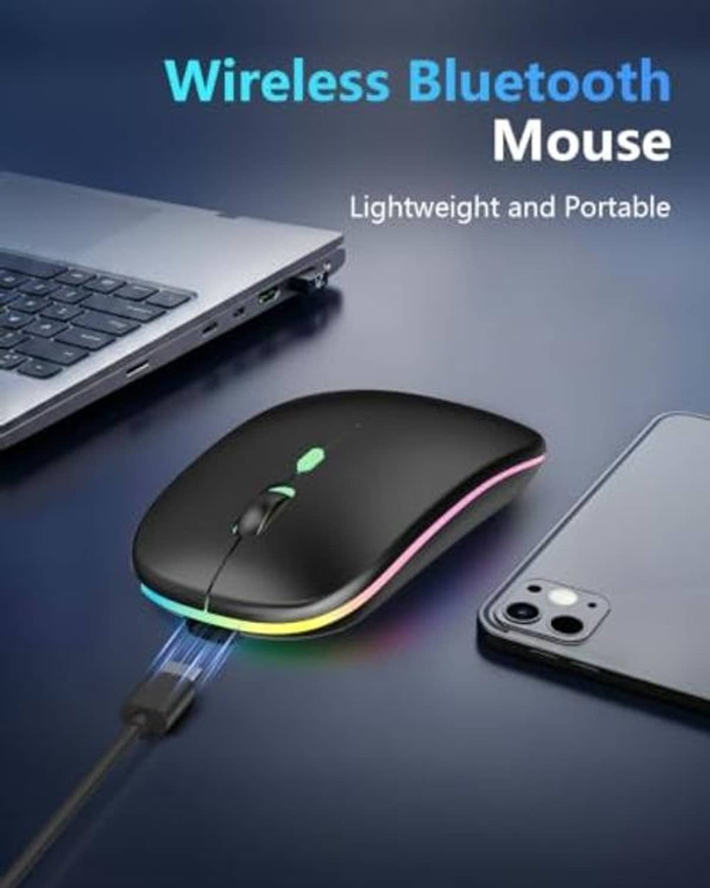 Wireless Bluetooth mouse with multicolor LED accents, used with the keyboard case