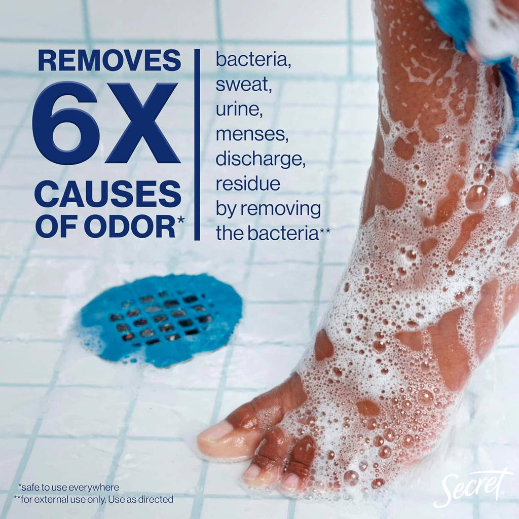 Deodorizing body wash foam on skin with 6X causes of odor graphic