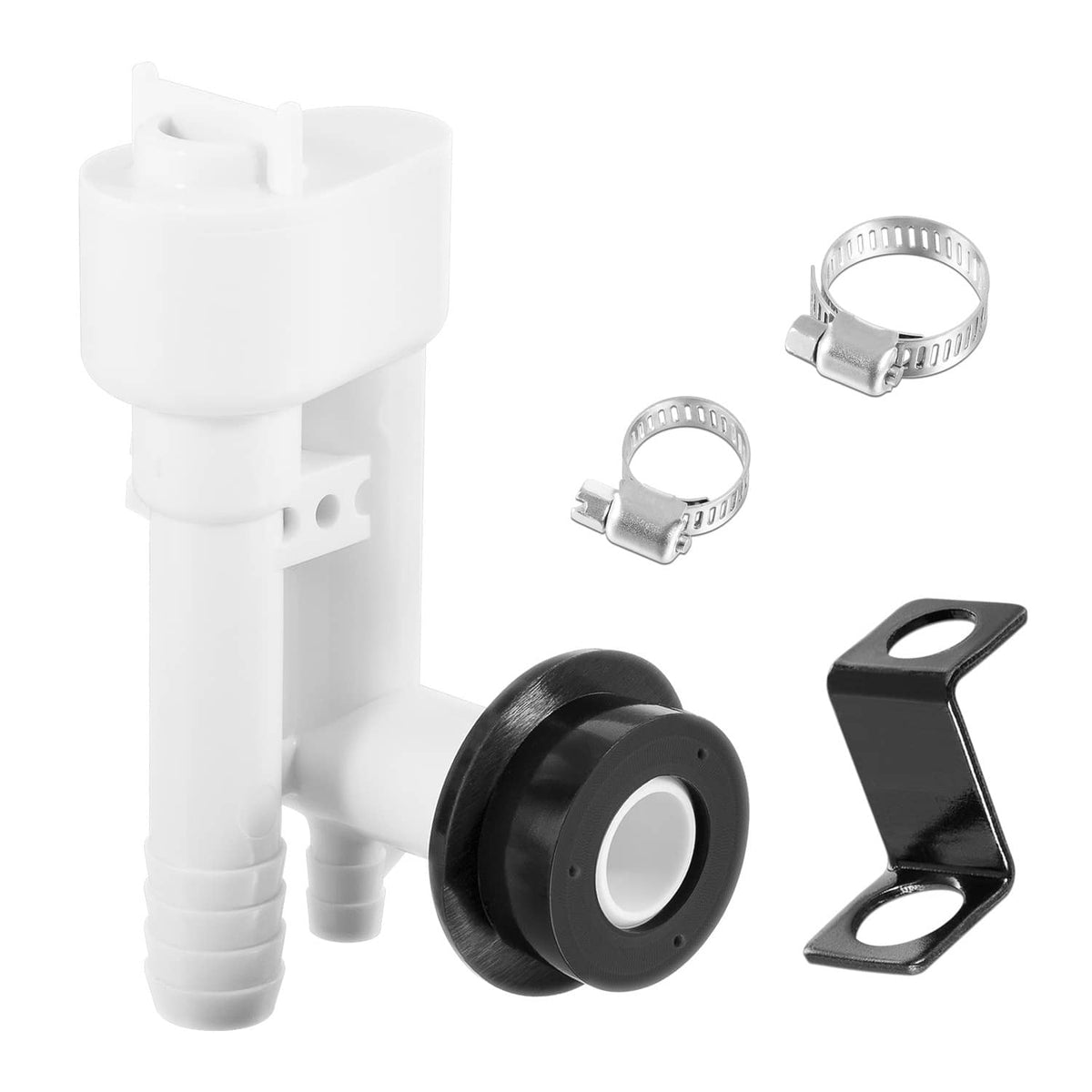 Toilet vacuum breaker replacement kit with diverter valve—white body, black seal disc, clamps