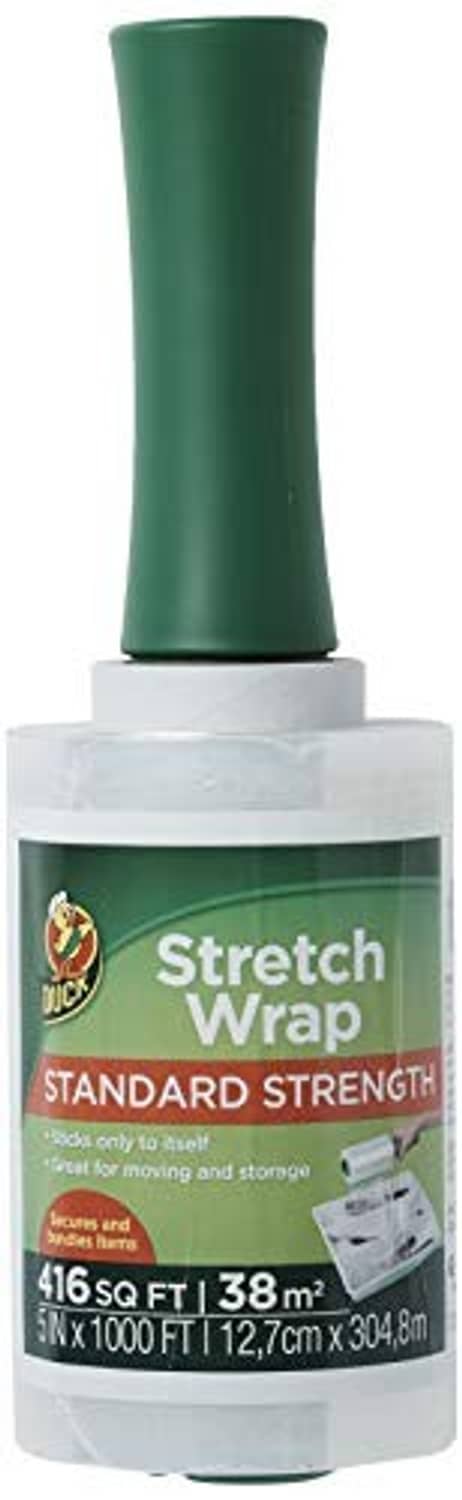 Duck Brand stretch wrap roll with green center and clear stretch film on white core