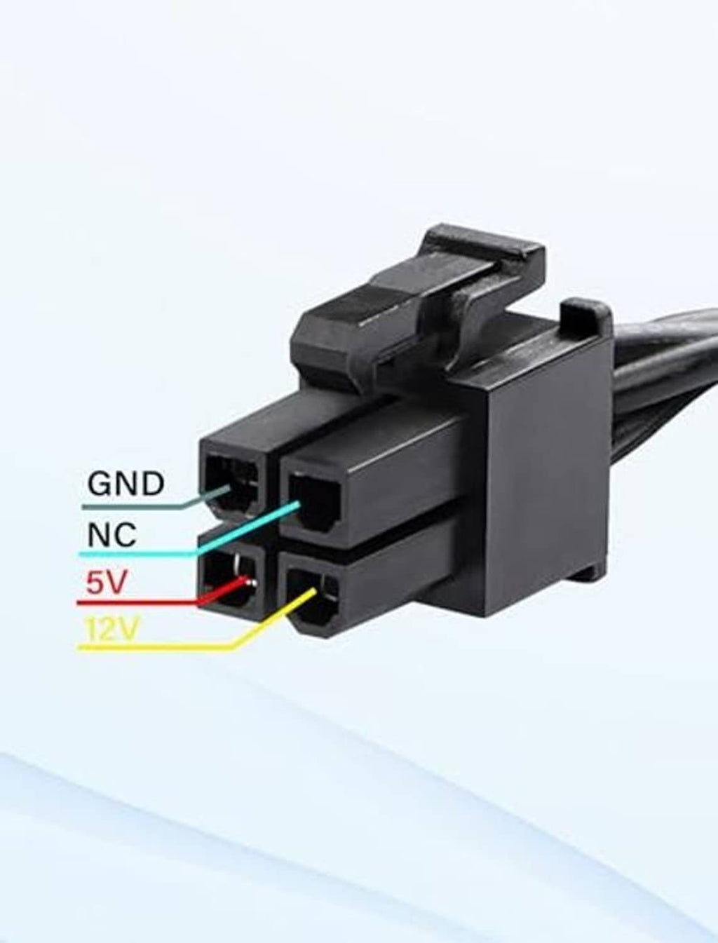 Power pinout on ATX 4-pin adapter: GND, NC, 5V, 12V labeled sockets