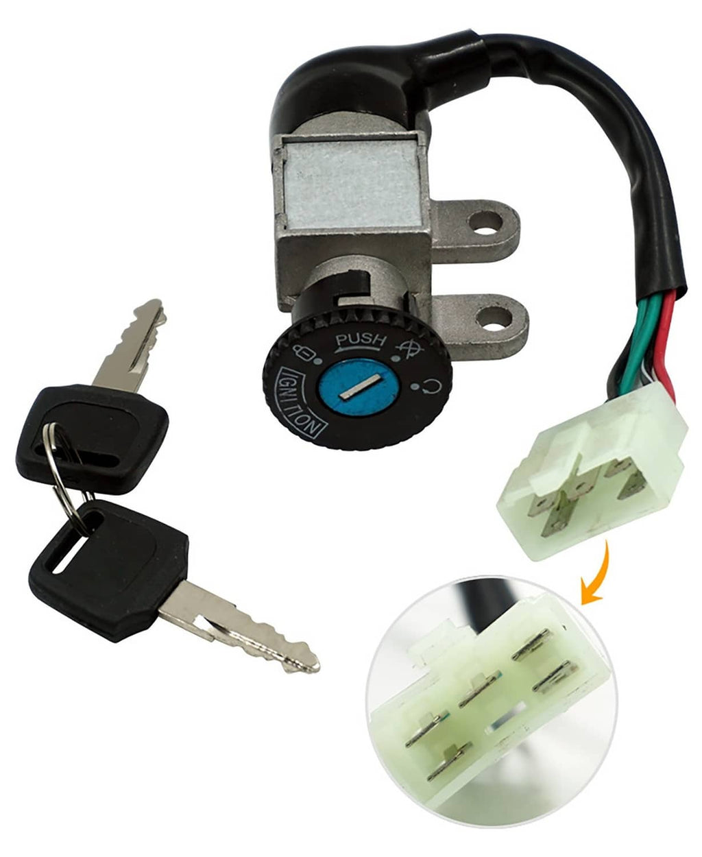 Ignition switch assembly with key set, push-button dial, and wiring harness