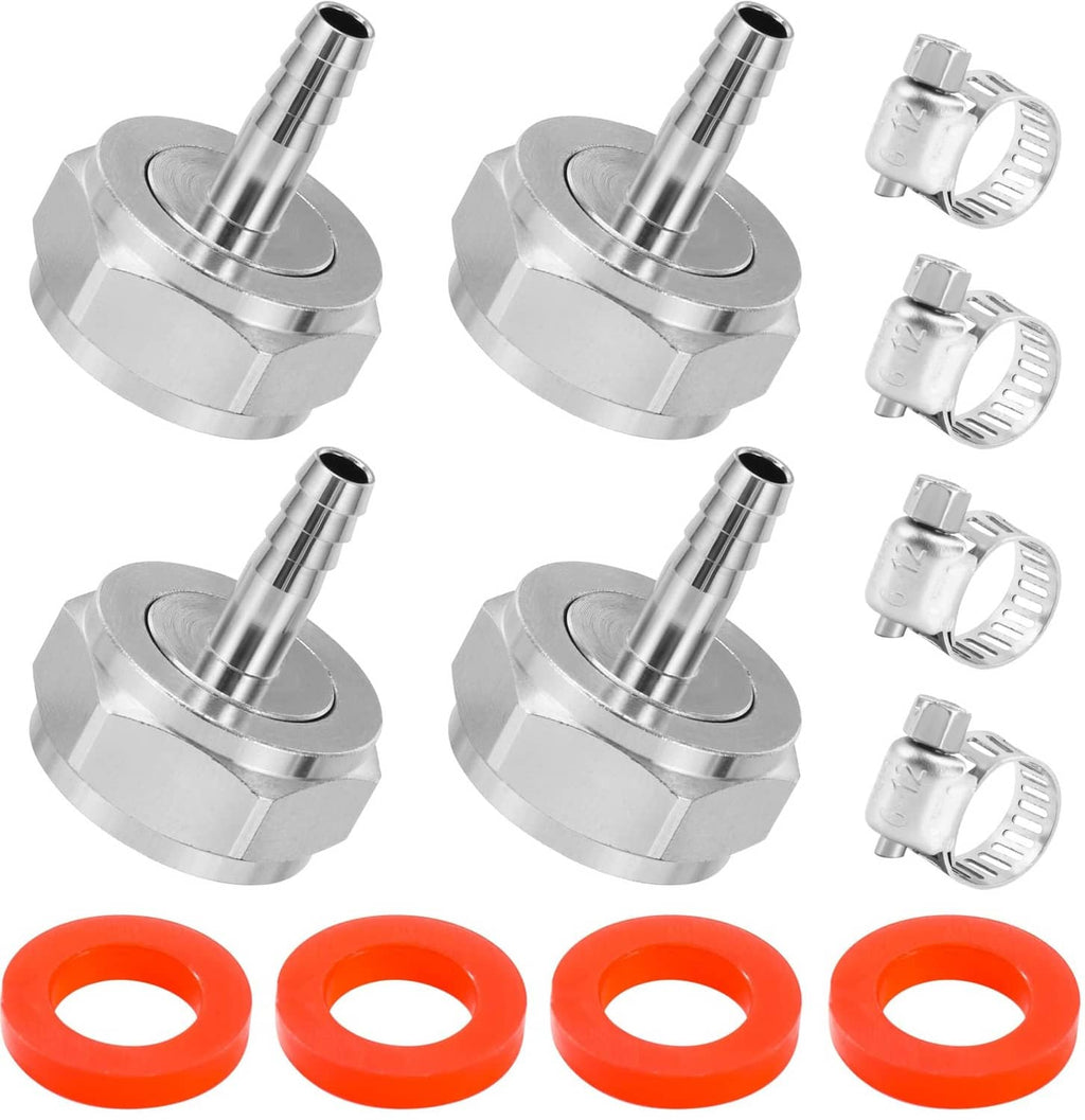 Stainless steel keg coupler barb connector set with orange sealing washers, 4-pack