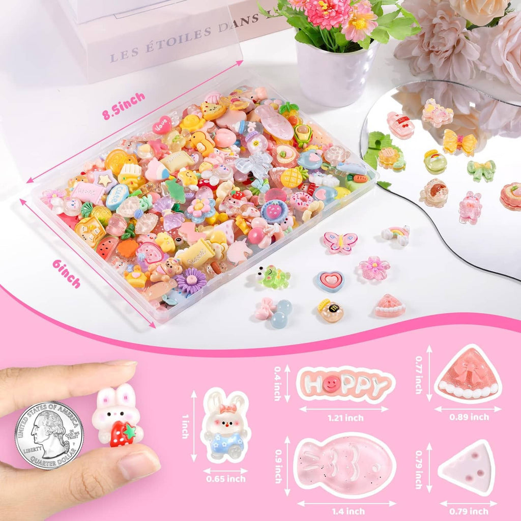 Clear bag of multicolor slime charms with size guide, 120 non-repeating pieces.