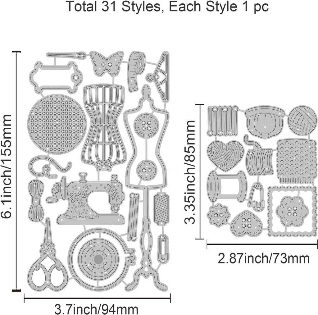 Sewing-themed metal cutting dies set shown in outline with stitched craft shapes