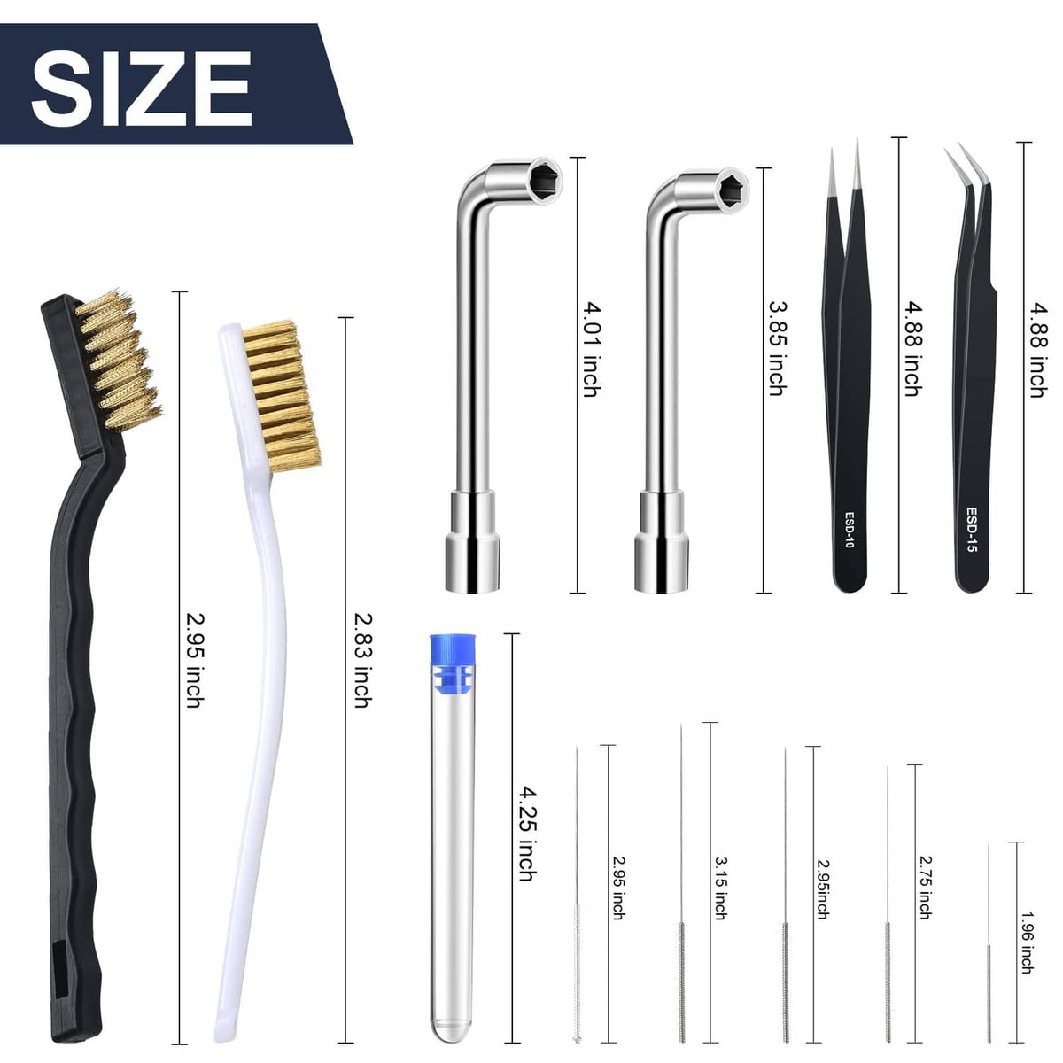 3D printer nozzle maintenance kit with brushes, two L wrenches, needles, and black tweezers