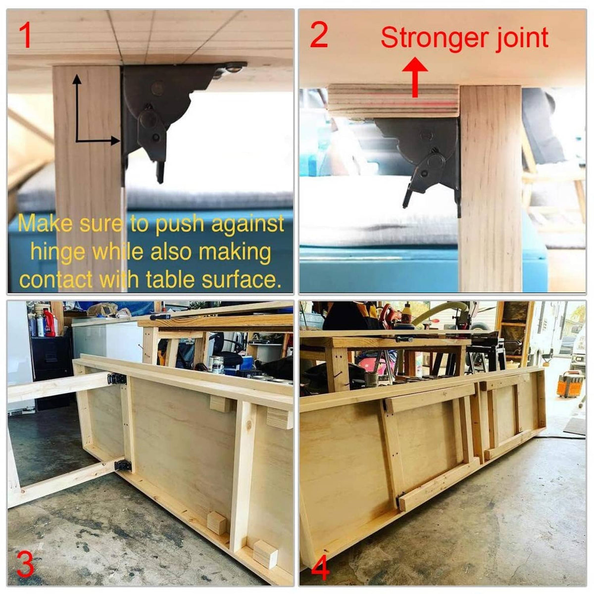 Folding table leg brackets mounted under a worktable, showing hinge alignment on wood frame