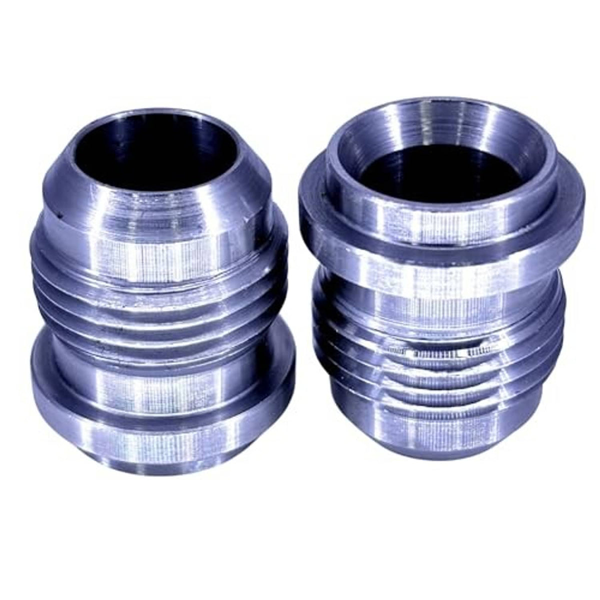 Male AN flare weld-on bung fitting, CNC-machined mild steel, polished threads and bore