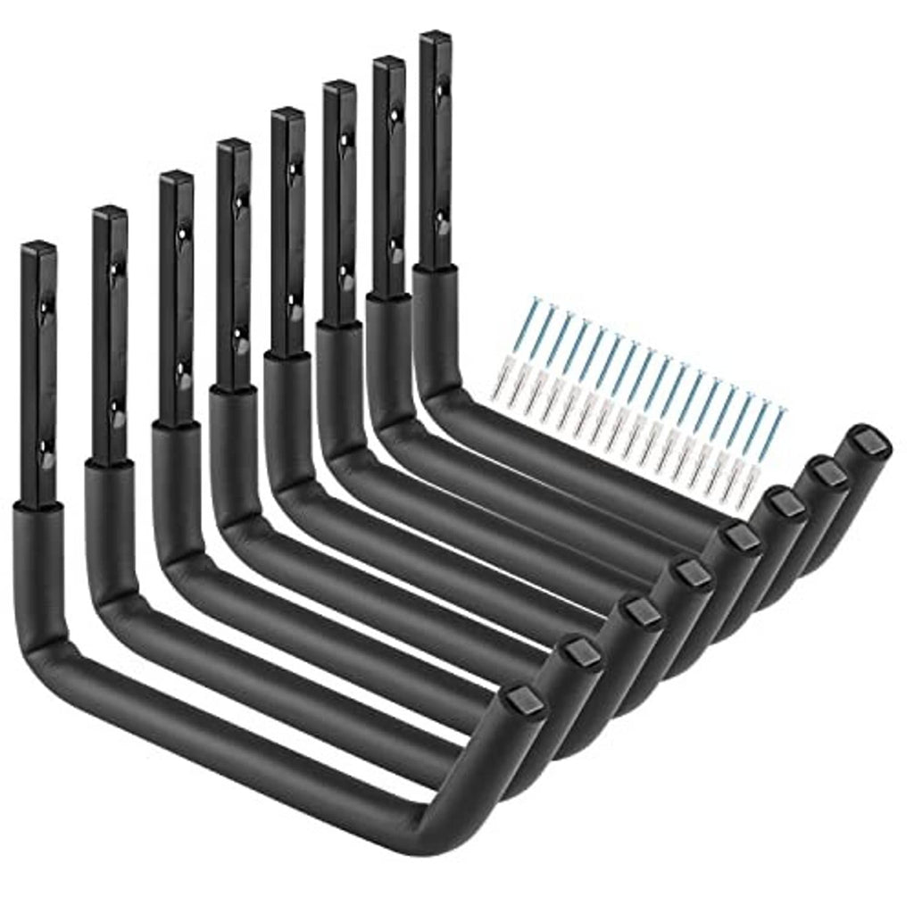 Black wall-mounted ladder hook set with jumbo arms and screw holes, staggered view