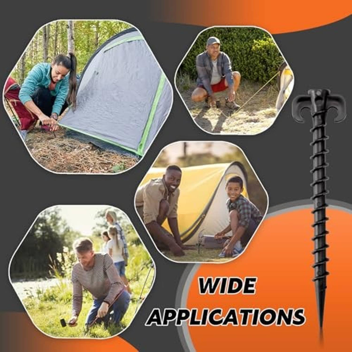 Black plastic tent stake with C-hook head and sharp tip