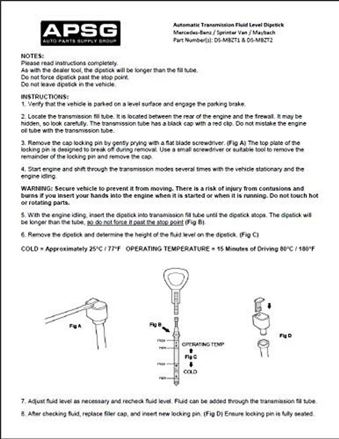 Automatic transmission fluid level dipstick instructions sheet with diagrams and steps.