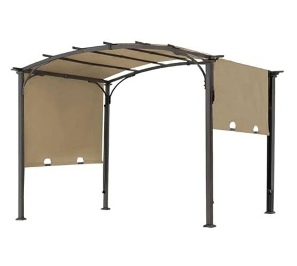 Beige pergola replacement cover with black metal posts and peaked roof panels