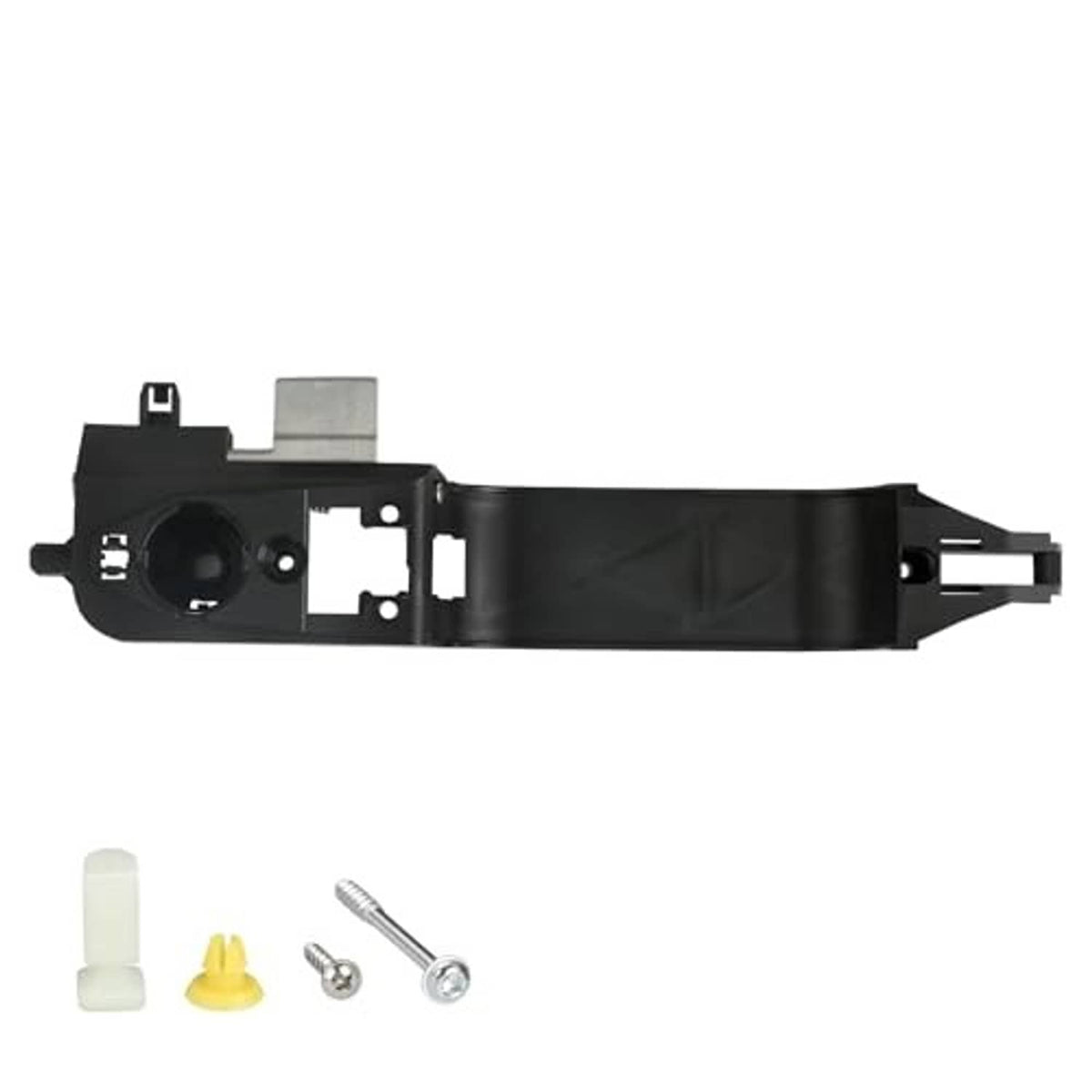 Black exterior door handle reinforcement plate with metal bracket and side mounting tab