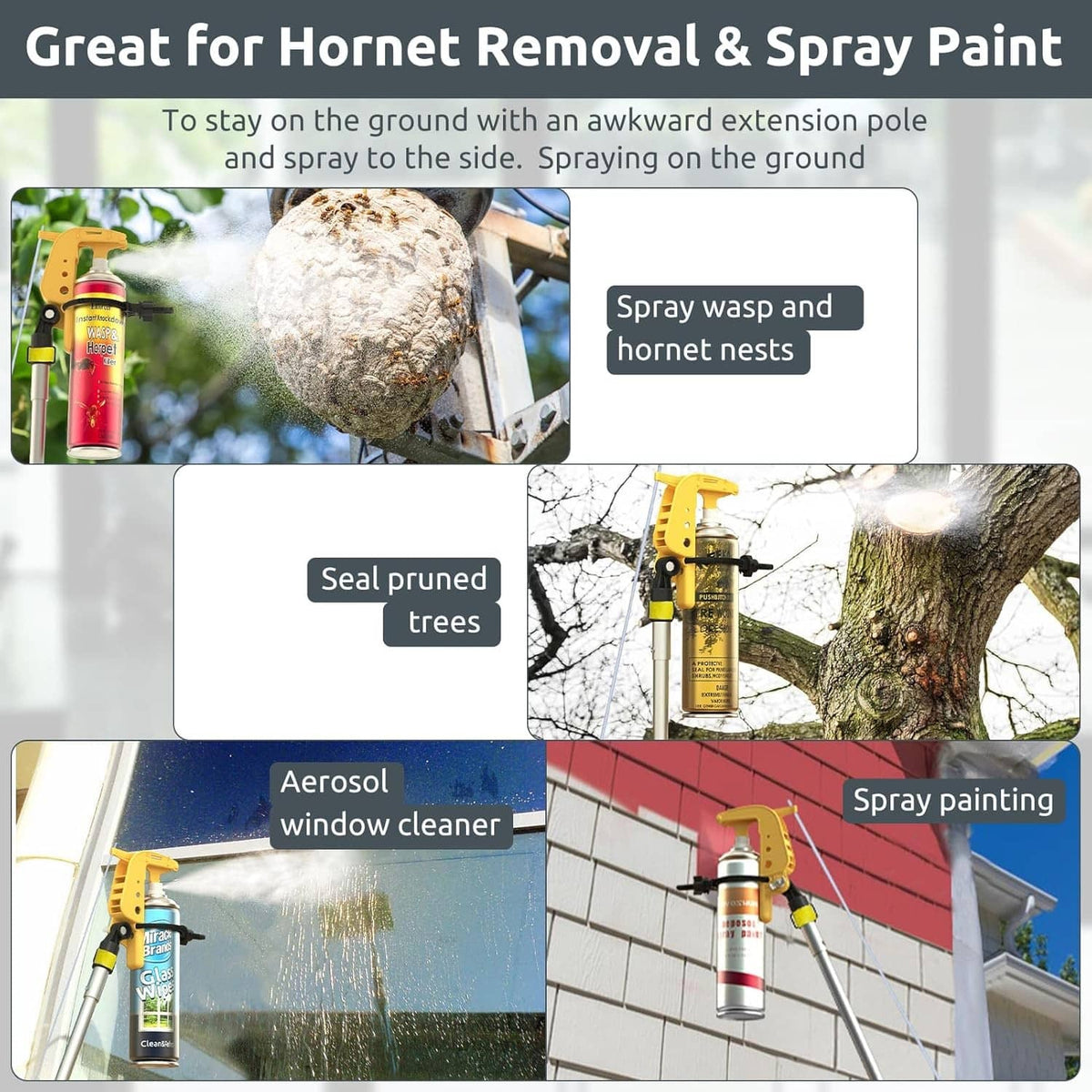 Yellow extension-pole spray adaptor holding an aerosol can with trigger sprayer
