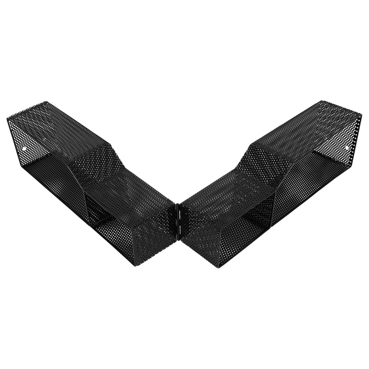 Folded black mesh front storage basket box with two end compartments
