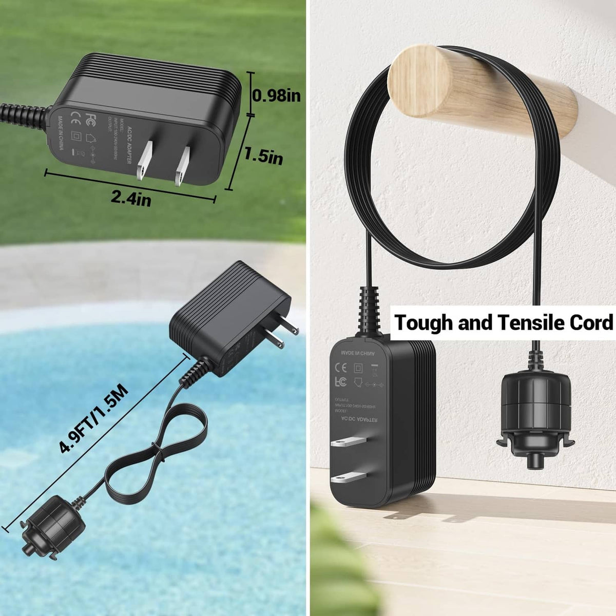 Black AC charger adapter with two-prong plug and long power cord