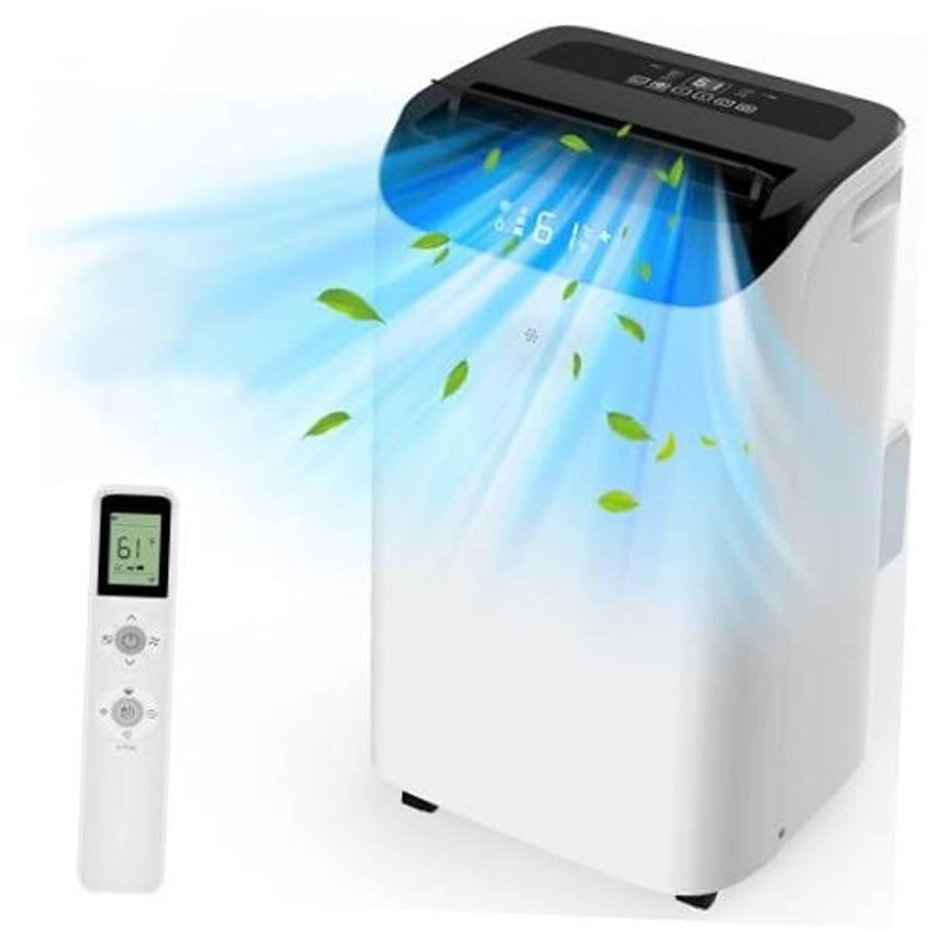 White portable AC unit with top vent and LED panel, plus handheld remote