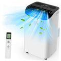 White portable AC unit with top vent and LED panel, plus handheld remote