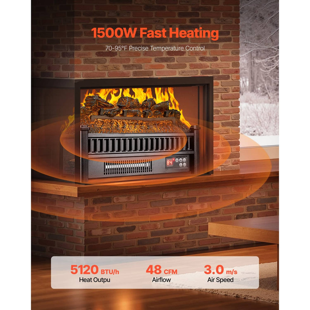 Electric log heater with burning faux logs and vented front grille, glowing red control panel