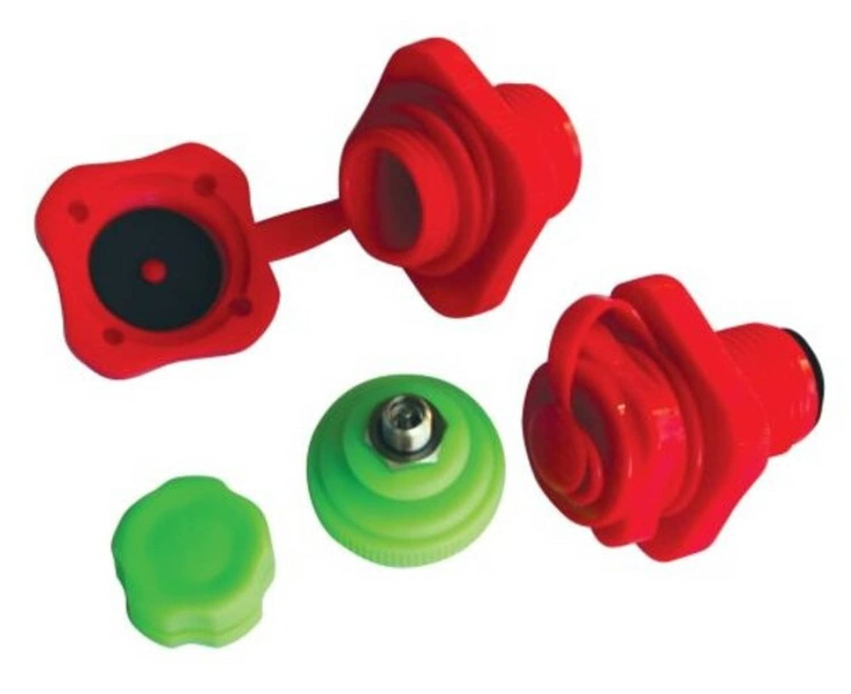 Multi-Valve airhead valve set showing red nozzle and base ports with a green valve cap
