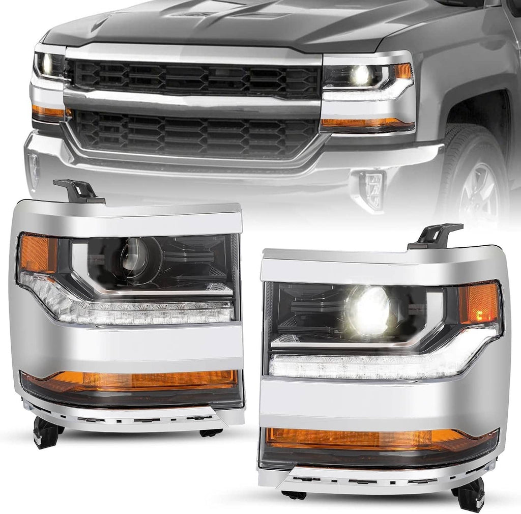 Pair of chrome headlights for pickup, showing clear lens and amber accents