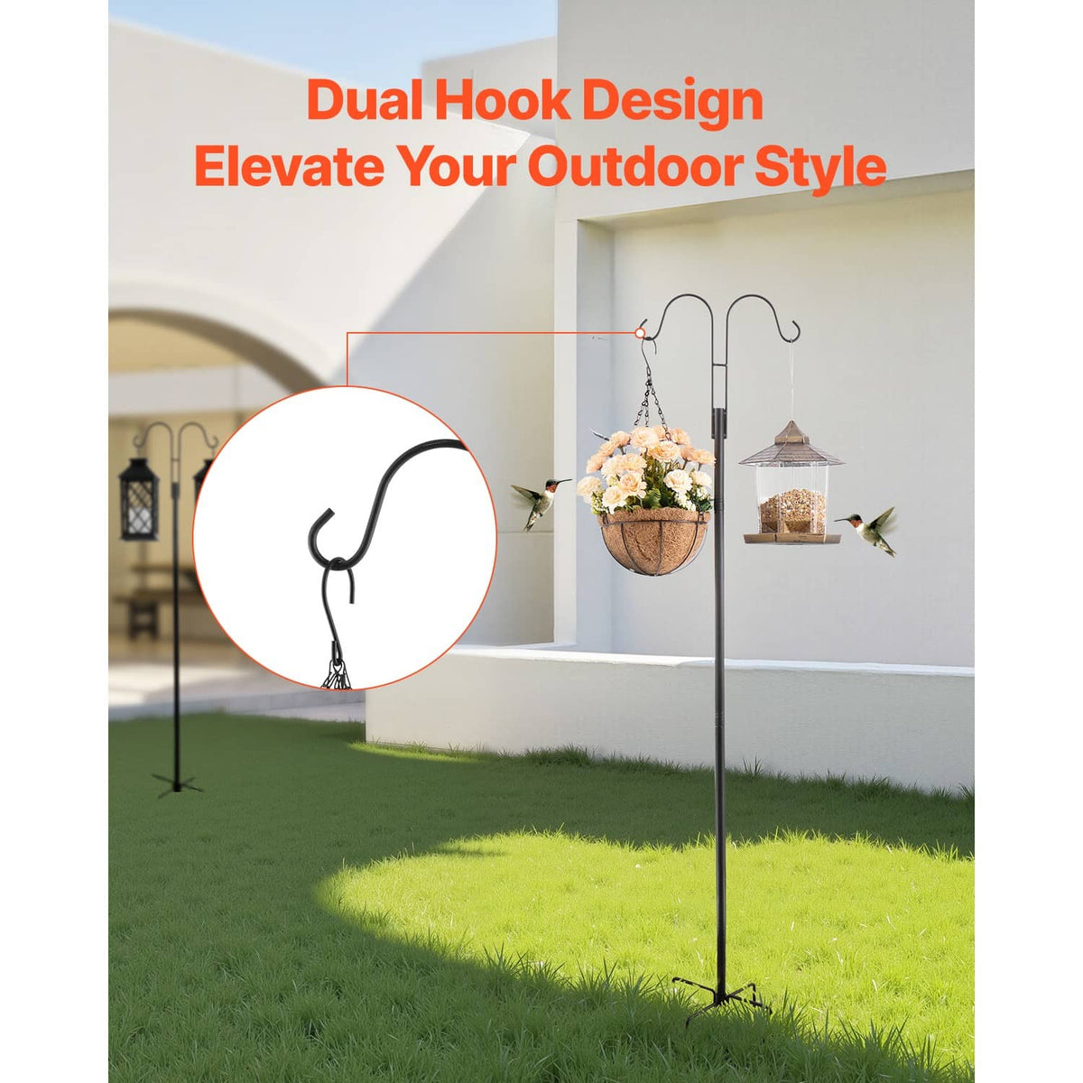 Dual-hook bird feeder pole for outdoor mounting with two hanging hook ends