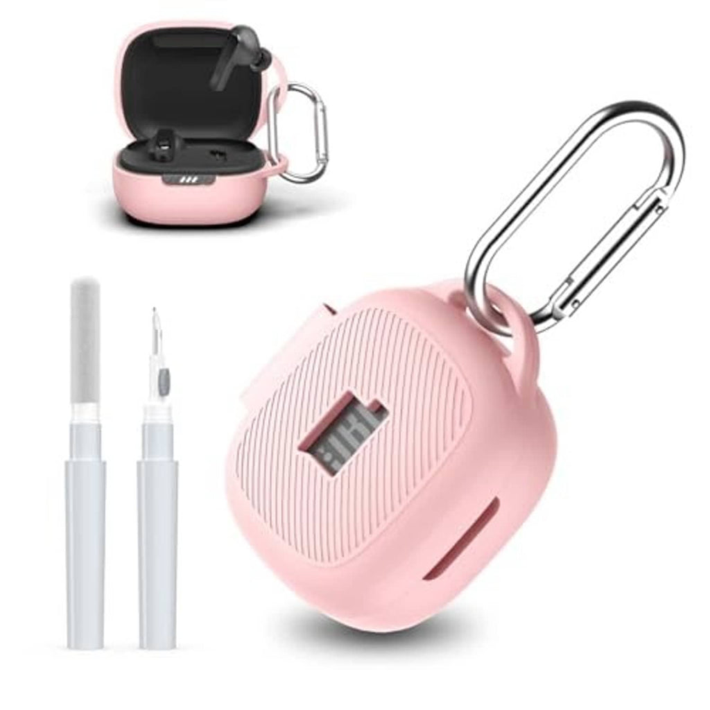 Pink hard-shell earbud case cover with carabiner and included cleaning tools
