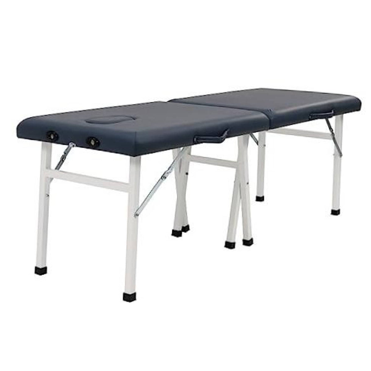 Royal blue padded portable massage table with split face rest and white metal legs