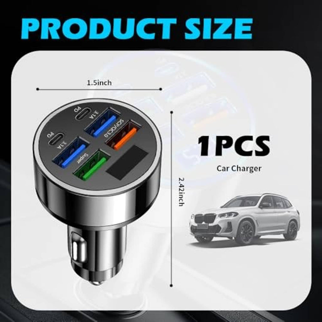 Car charger adapter with six charging ports shown in a product size diagram