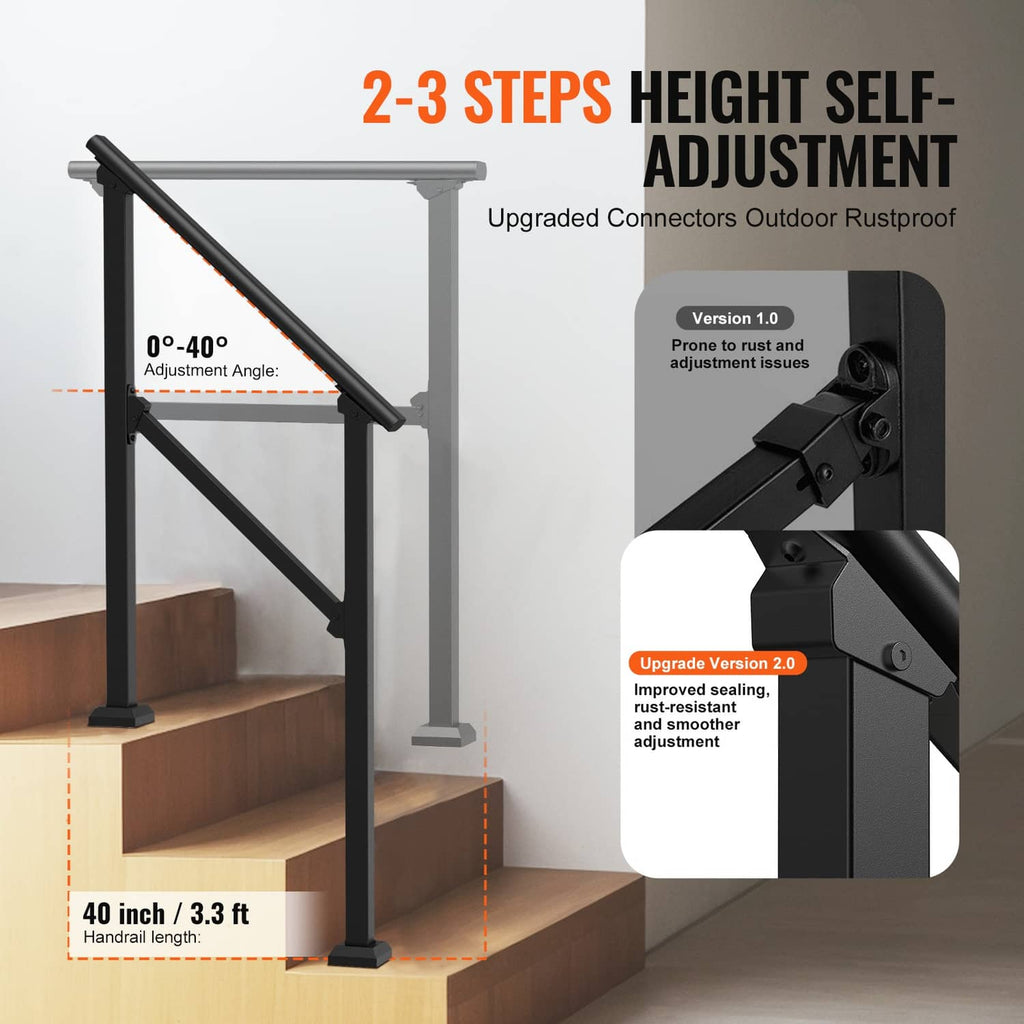 Black carbon steel stair handrail set with adjustable connector on 2–3 steps