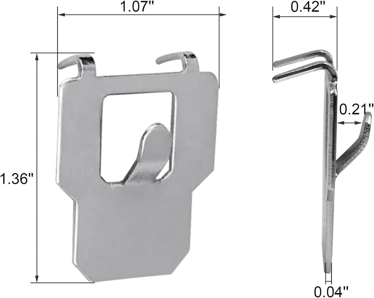 Silver metal claw drywall picture hanger with side and front size dimensions