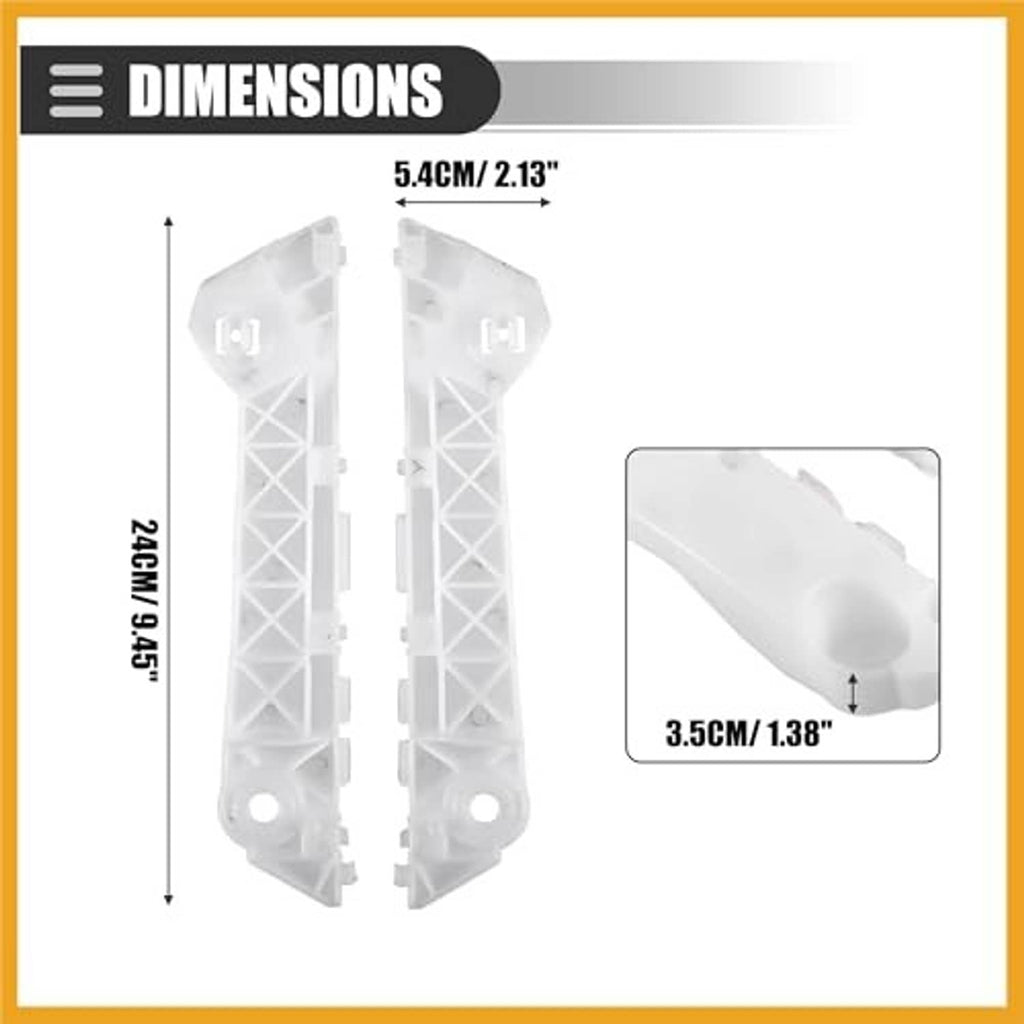 Front bumper bracket retainer pair, white plastic, with size diagram and mounting points
