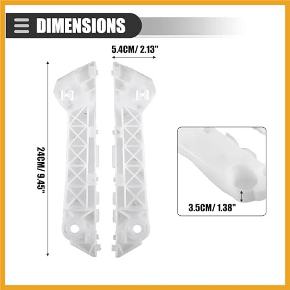 Front bumper bracket retainer pair, white plastic, with size diagram and mounting points