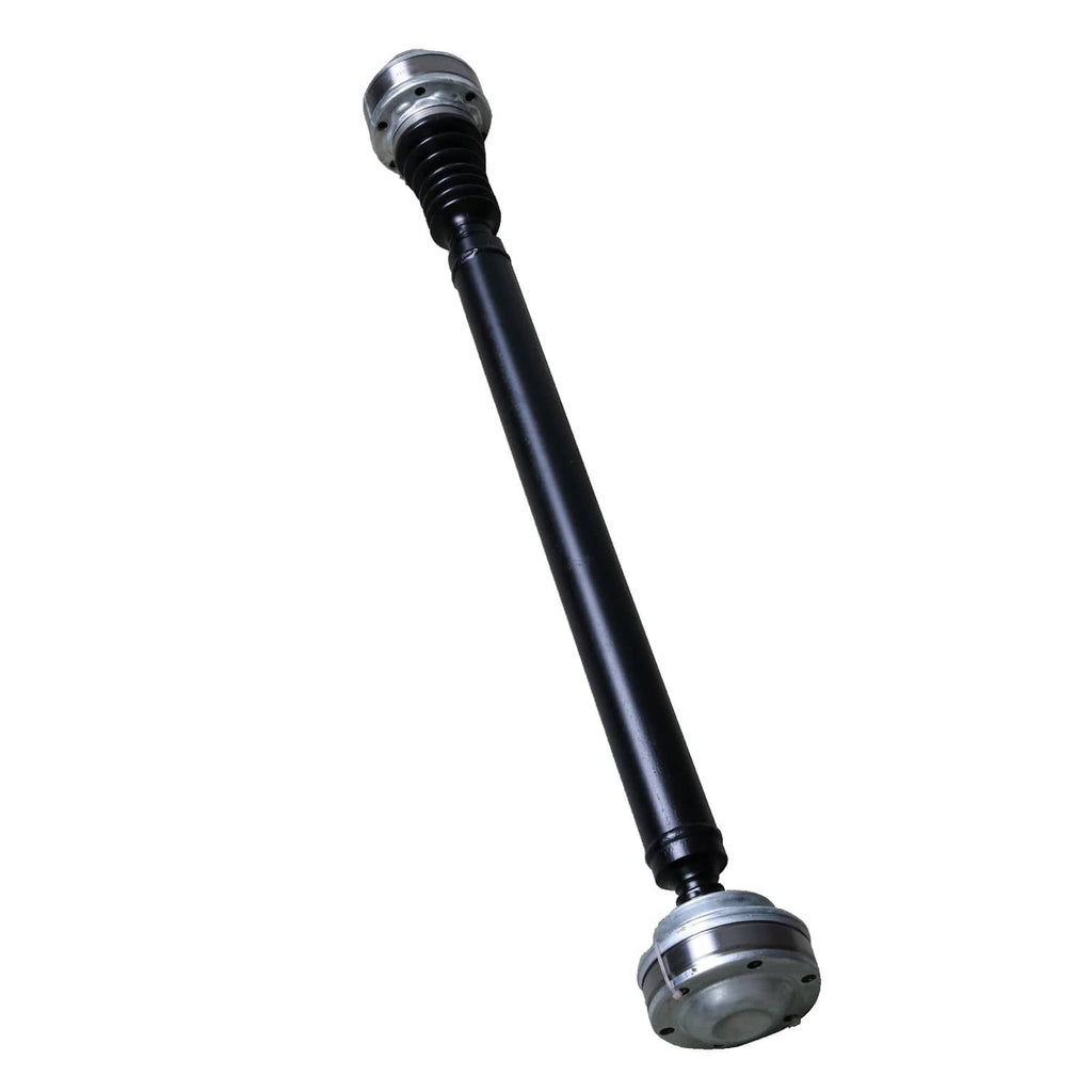 Front drive shaft prop with black shaft and silver end flange, upright side view