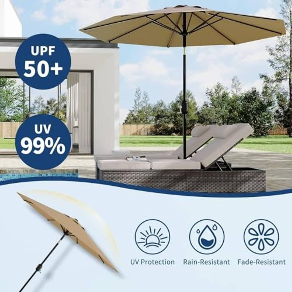 Tan patio umbrella with open canopy and center pole over outdoor seating