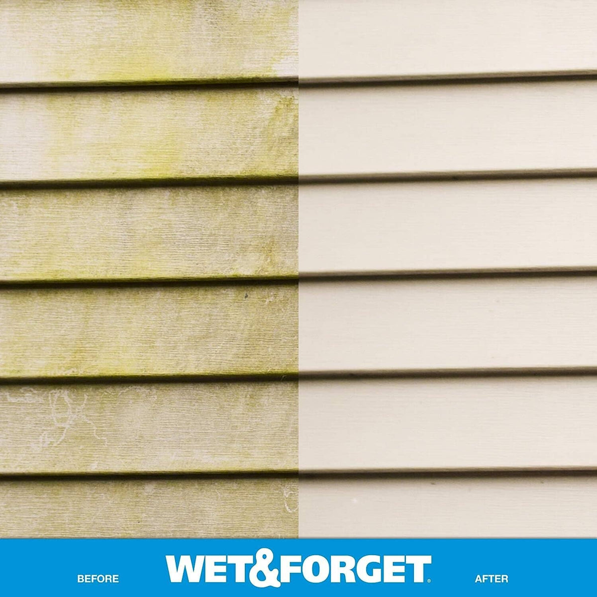 Wood siding wall with visible discoloration patches and cleaned section