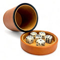 Brown leather dice cup with lid open, showing gold felt interior and 6 tan dice