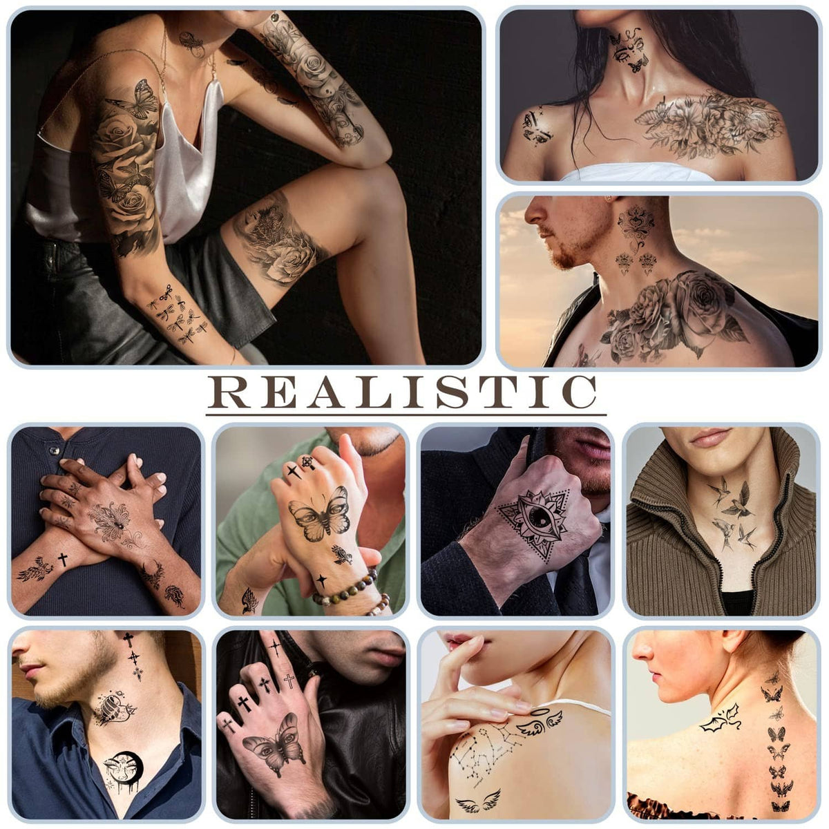 Realistic black temporary tattoos on arms and neck with floral and animal motifs