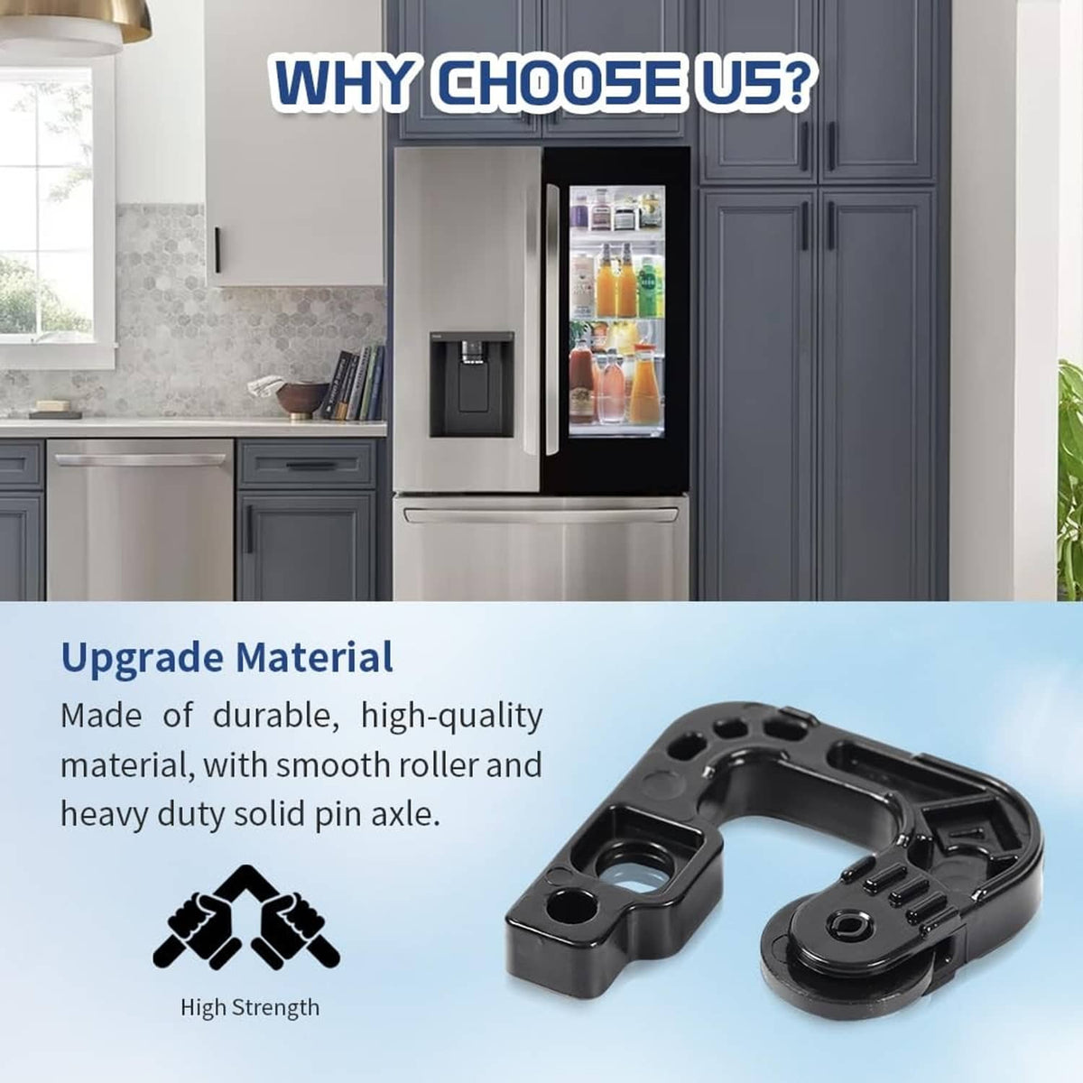 Black refrigerator auto-close lever assembly with roller base and mounting holes