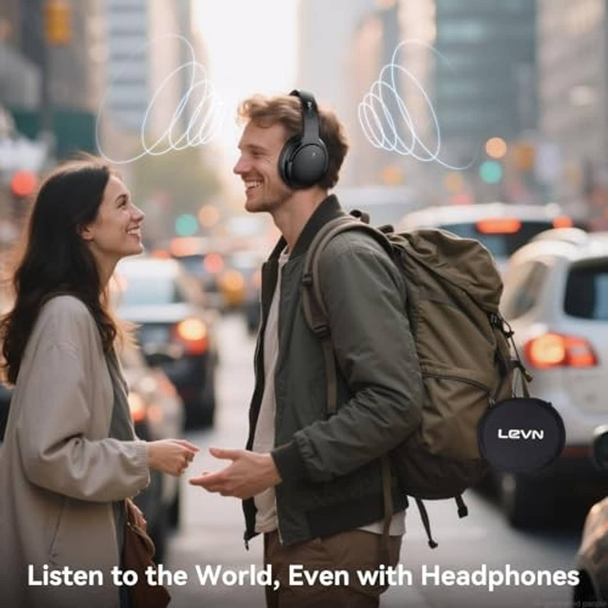 Black over-ear wireless active noise cancelling headphones worn on a person outdoors