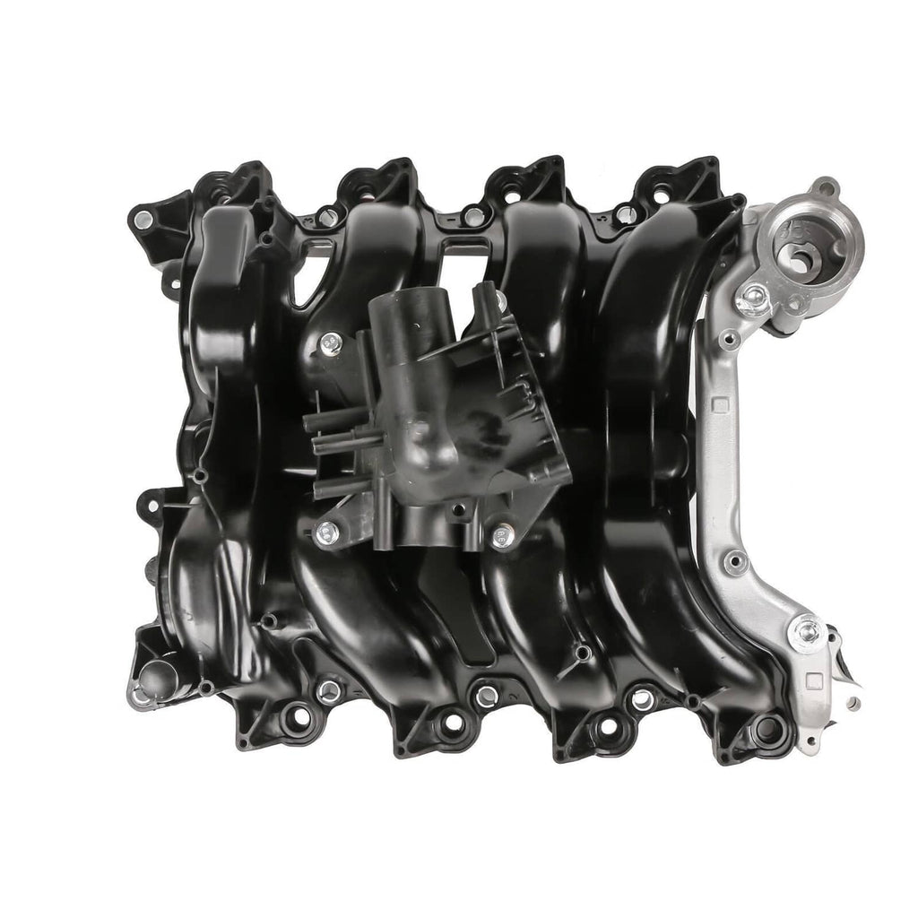 Engine intake manifold with silver end cap and mounting points, black intake runners