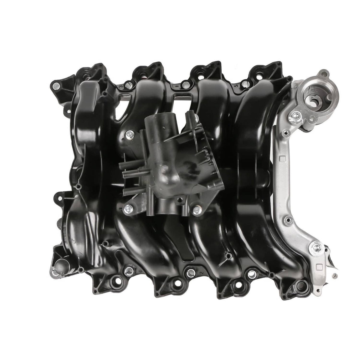 Engine intake manifold with silver end cap and mounting points, black intake runners