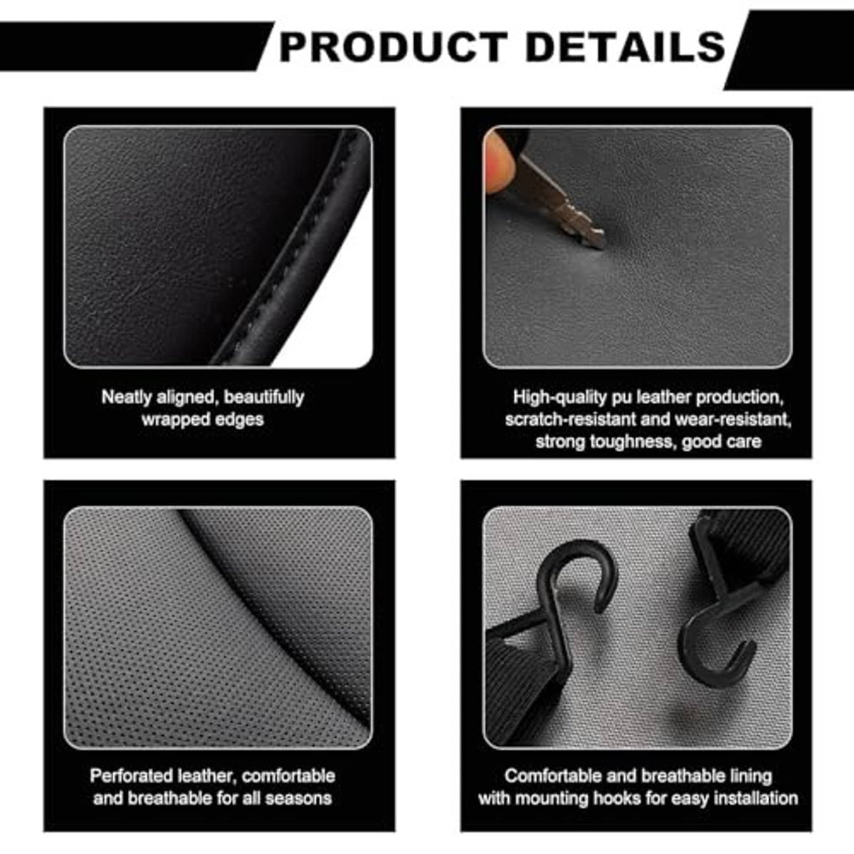 Black PU leather seat cover detail: stitched edges, perforation, and mounting hooks