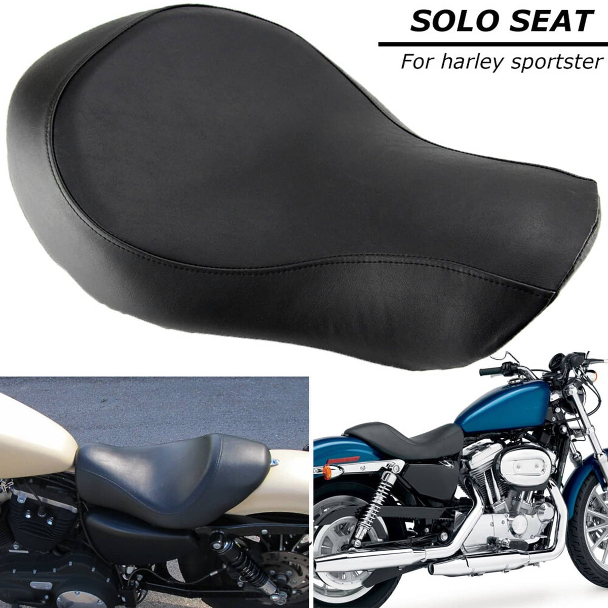 Black solo motorcycle rider seat with stitched contour and front rider section
