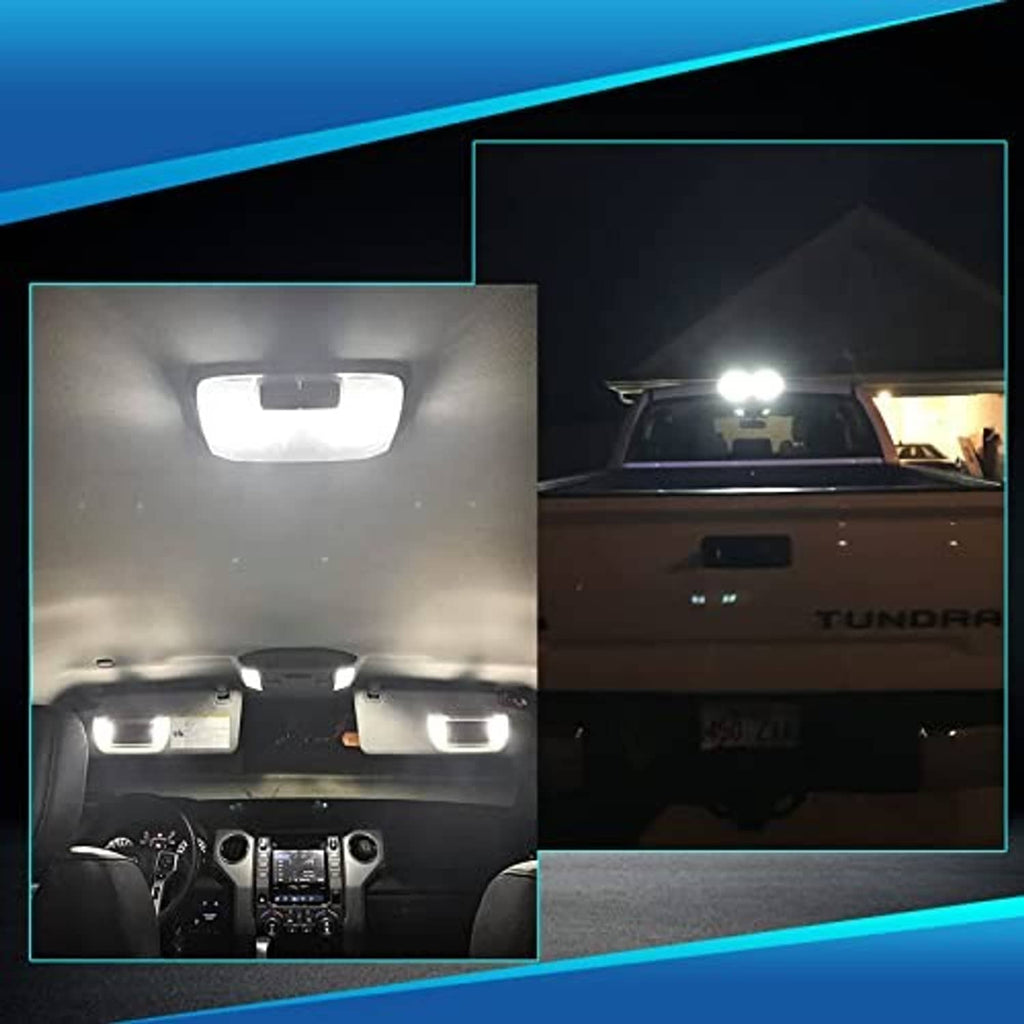 LED dome light bulbs illuminating the vehicle ceiling and cabin area