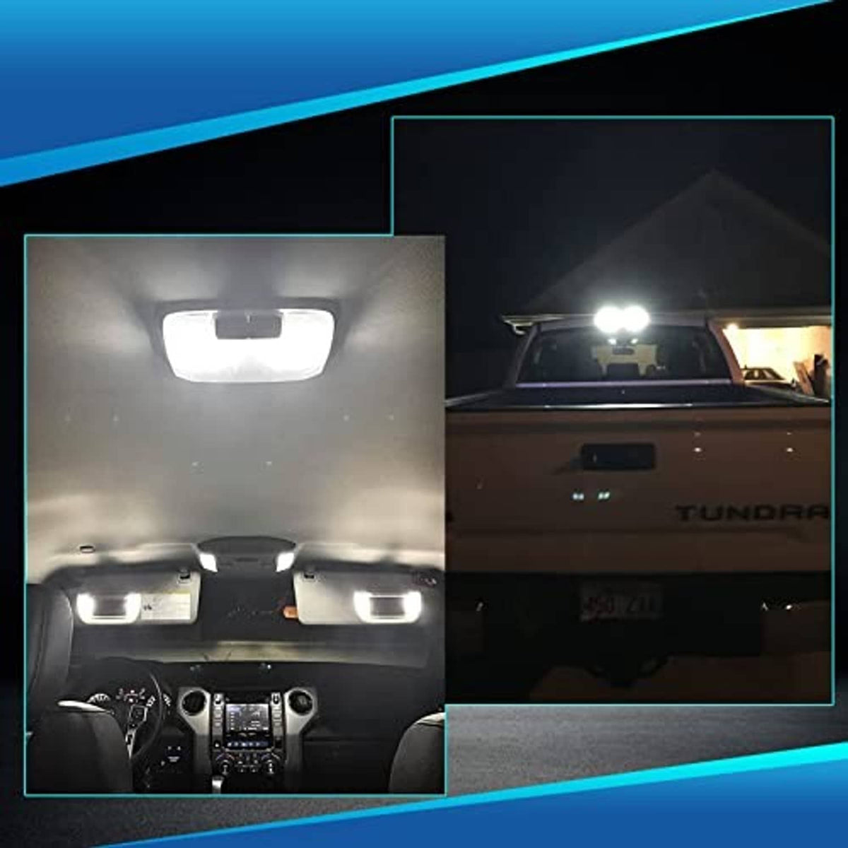LED dome light bulbs illuminating the vehicle ceiling and cabin area