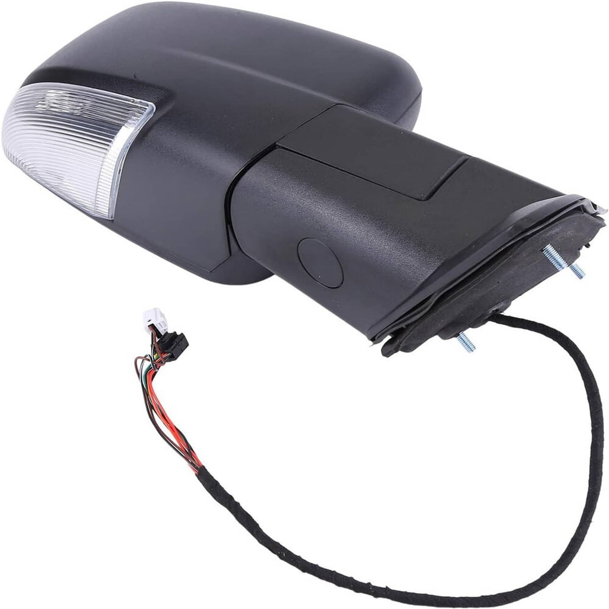 Black mirror turn-signal lens with wiring harness and mounting parts, angled close-up