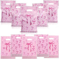 Pink bow pattern plastic treat candy bags set with top handle cutouts and checkered bottoms